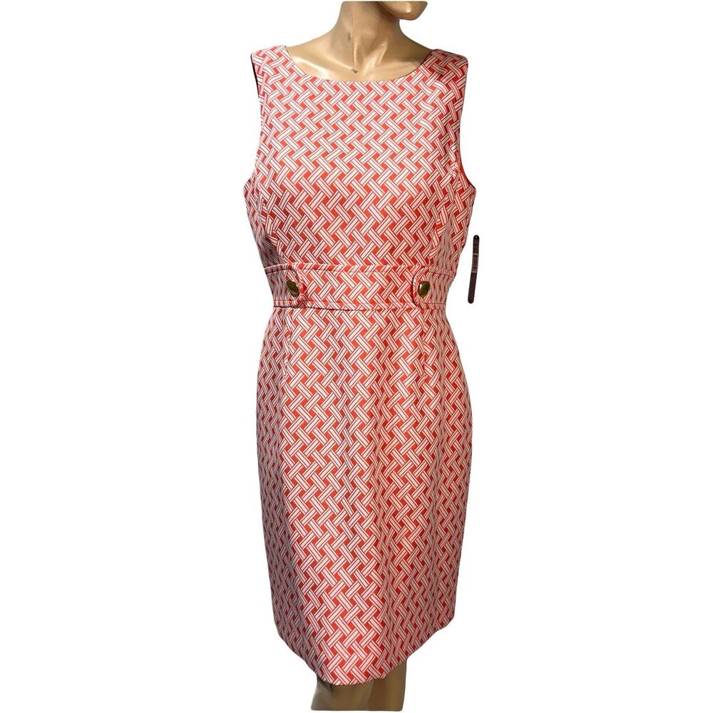 Tahari Levine Studio Dress Sleeveless Coral White Geometric Printed Size 12 NWT